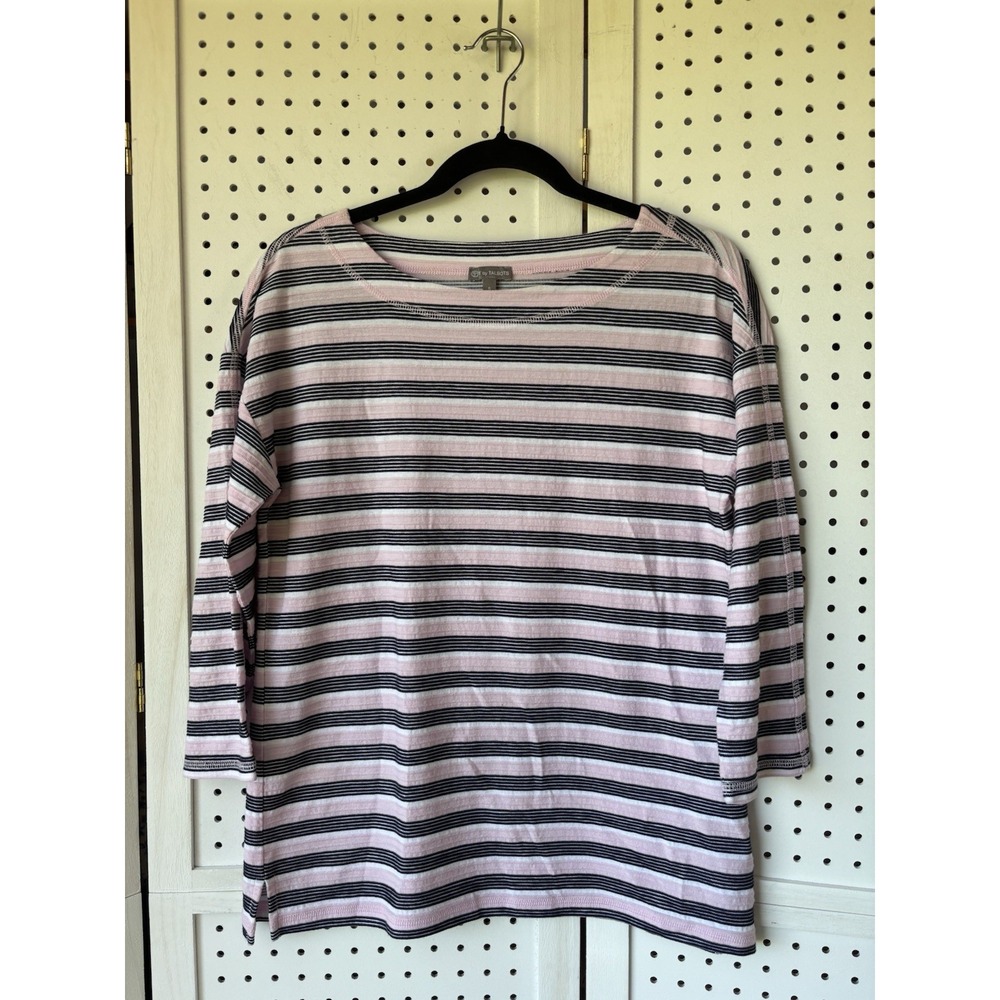 T By Talbots 3/4 SLV Striped Pink Navy Tee Blouse Nautical Cottagecore Womens S